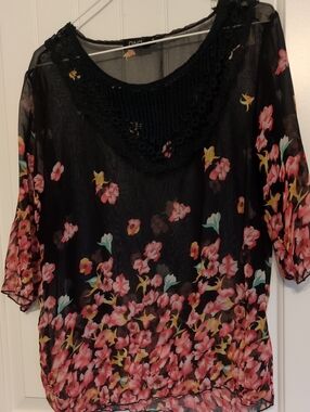 Ina Black Sheer Blouse with Pink Floral Print and Crochet Yoke
